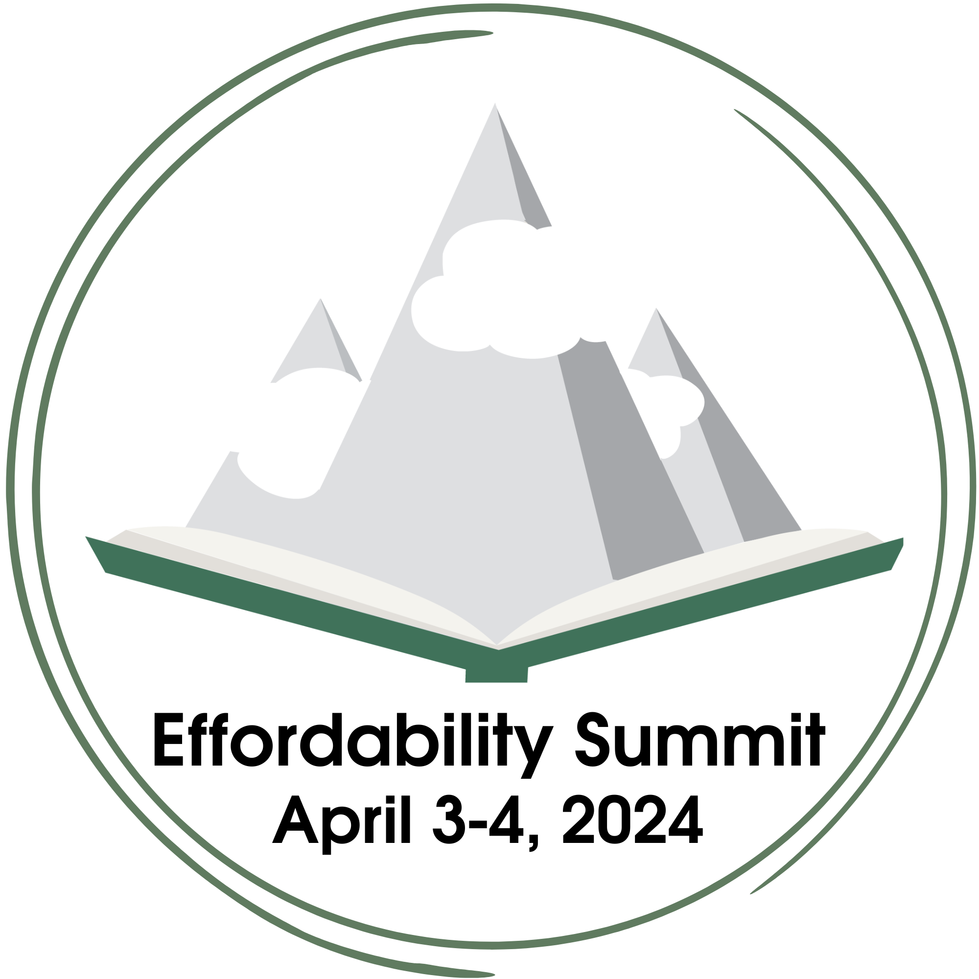 The logo for the Effordability Summit is an open book with mountains rising from it.