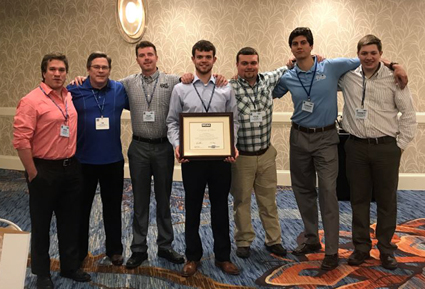 UW-Stout’s mechanical contracting student team received a national merit award. From left are Peter Kristan, Associate Professor Tim Becker, Alex Bartelt, Jarod Berenklau, Kyle Zagel, Connor Destache and Garrett Rasmussen.