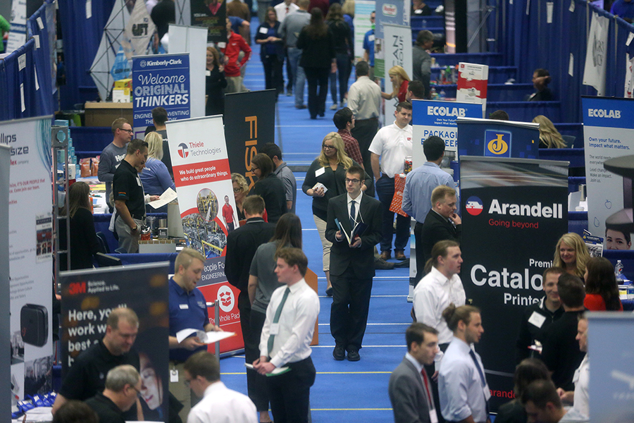 Students and company recruiters talk during a career conference last fall at UW-Stout.