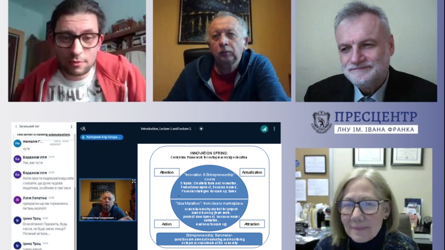 Spaeth, lower right, appears on a virtual meeting screen as she presents on entrepreneurship March 30 at Ivan Franko National University of Lviv in Ukraine. At center is Professor Ihor Katernyak, and at right is Professor Roman Hladyshevsky, vice rector for research.