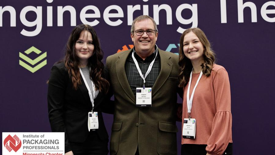 UW-Stout packaging majors Gretchen Subialka, left, and Annabelle Meyer, with Professor Robert Meisner, have received scholarships from the Minnesota chapter of the Institute of Packaging Professionals.