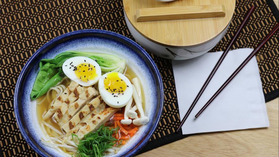 The research and development team at Brakebush led by Radzinski develops products and product applications, such as this chicken ramen dish, for its customers.