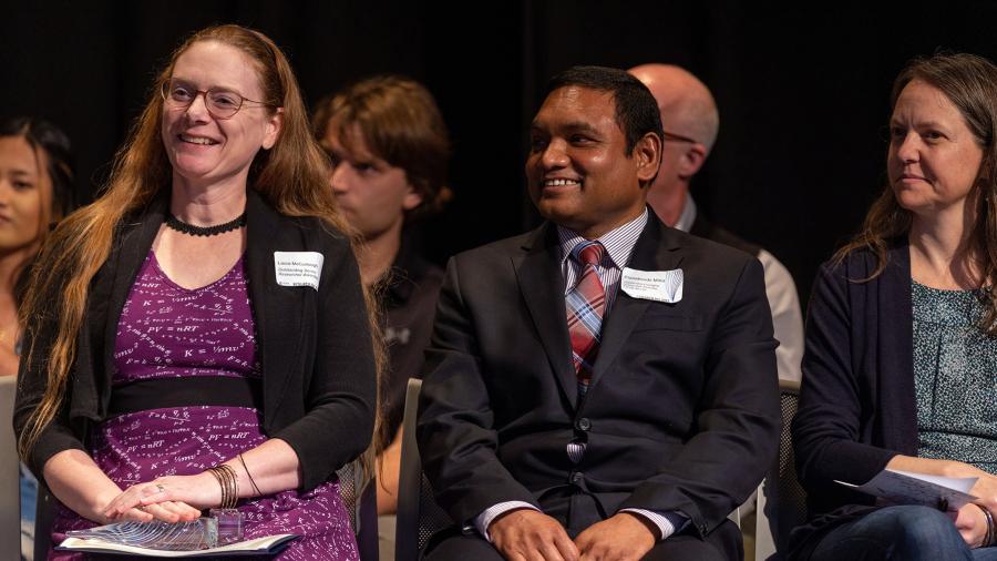 From left, faculty Outstanding Researcher award winners are Laura McCullough, Pranabendu Mitra and Tina Lee.