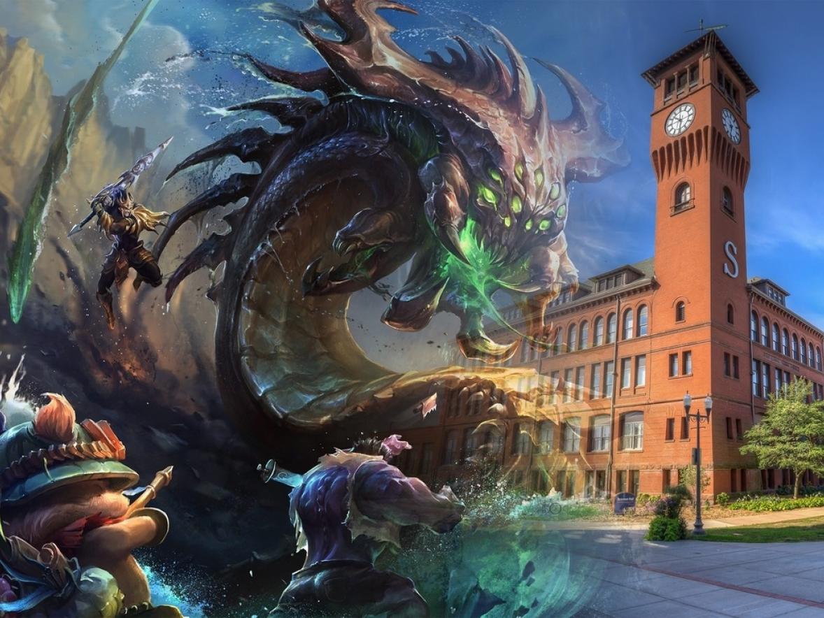 Riot Game's League of Legends artwork superimposed over Bowman Hall.