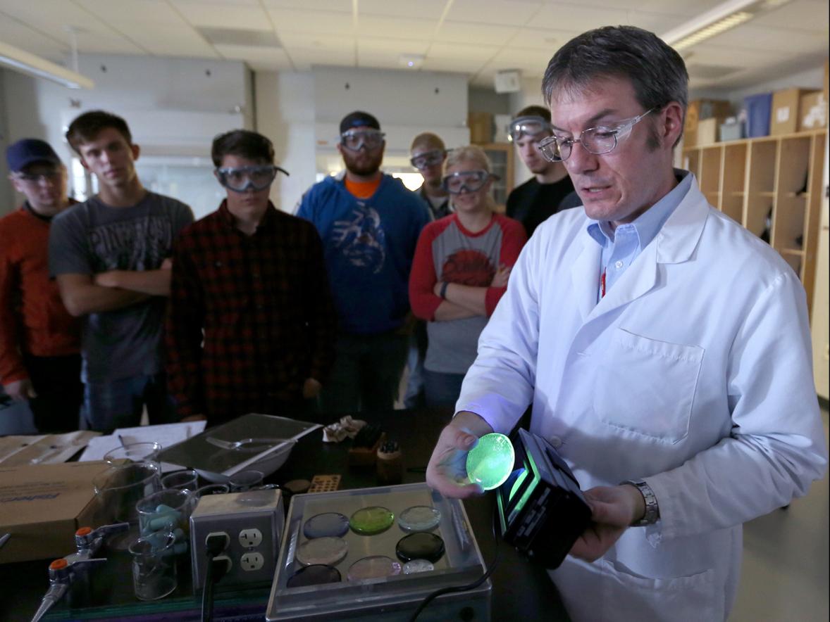 UW-Stout Professor Matthew Ray conducts a lab experiment. He enjoys helping students conduct research each year “to expand upon the basic concepts that we discuss in lecture and lab classes.”