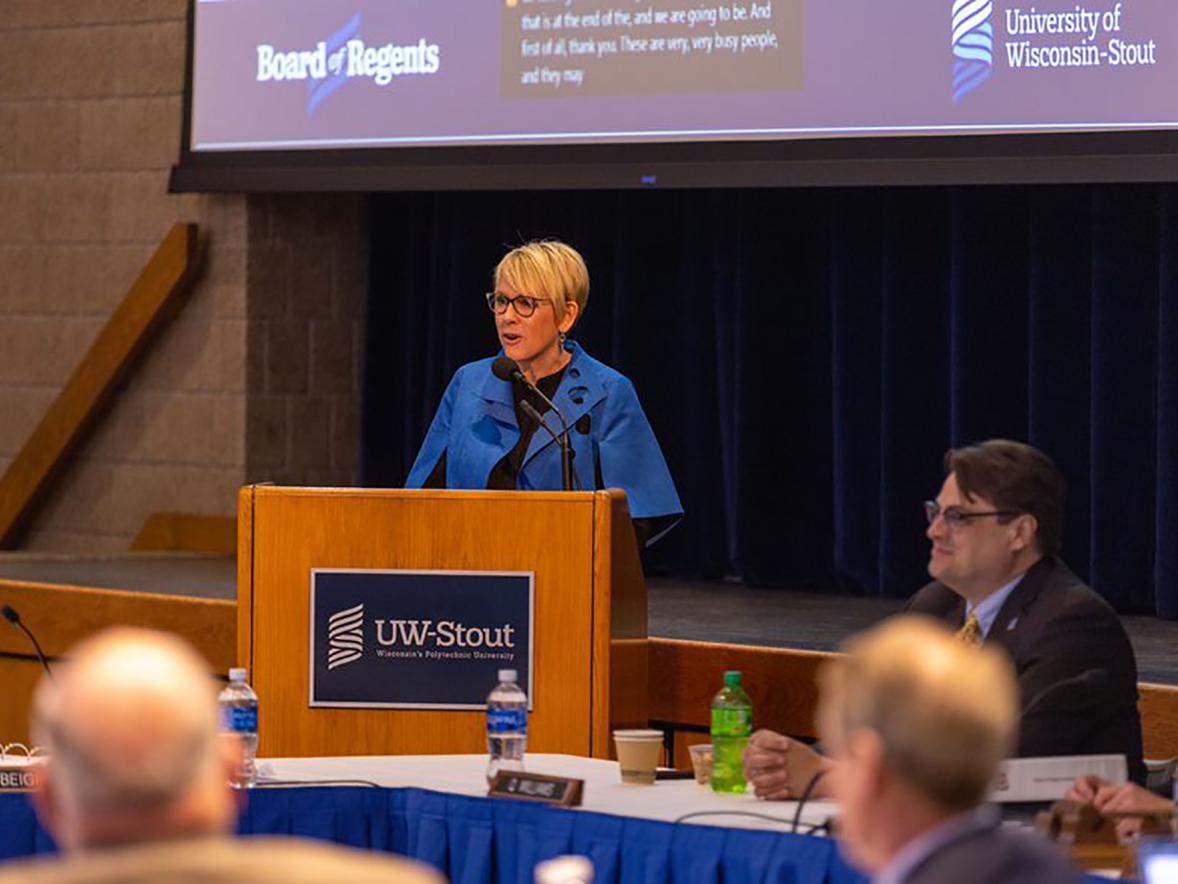 UW-Stout Chancellor Katherine Frank addresses the Board of Regents in UW-Stout’s Memorial Student Center.