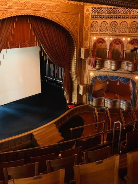 A view of the Mabel Tainter Theater stage from the balcony.