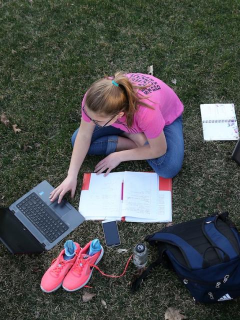 Students studying on the lawn.