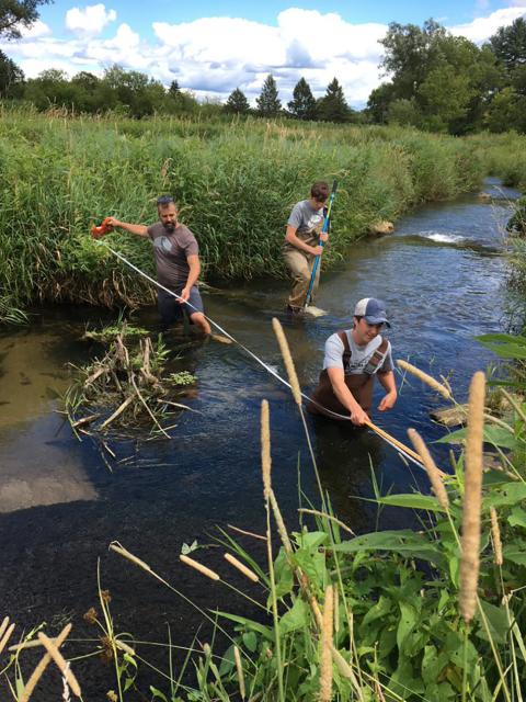 Keith Gilland, left, Kal Breeden, foreground and Dylan Kostuch measure stream width this summer as part of their research.